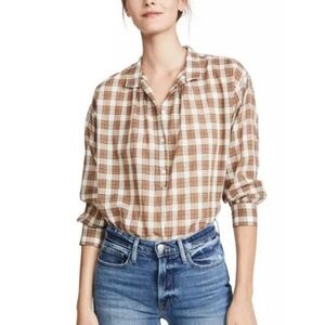 Nili Lotan Myra Ginger Plaid Popover Shirt Large Brown Cream